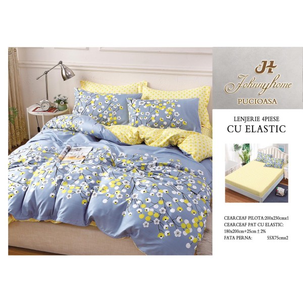 Lenjerie pat dublu, Bumbac Satinat Superior, 4 piese, cu ELASTIC, Blue-Galben, flori, LSE-007