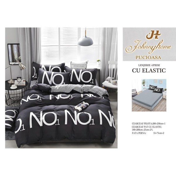 Lenjerie pat dublu, Bumbac Satinat Superior, 4 piese, cu ELASTIC, Negru-Alb, LSE-009