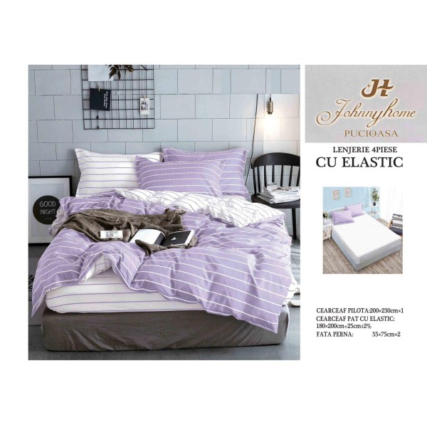 Lenjerie pat dublu, Bumbac Satinat Superior, 4 piese, cu ELASTIC, Lila-Alb, dungi, LSE-010