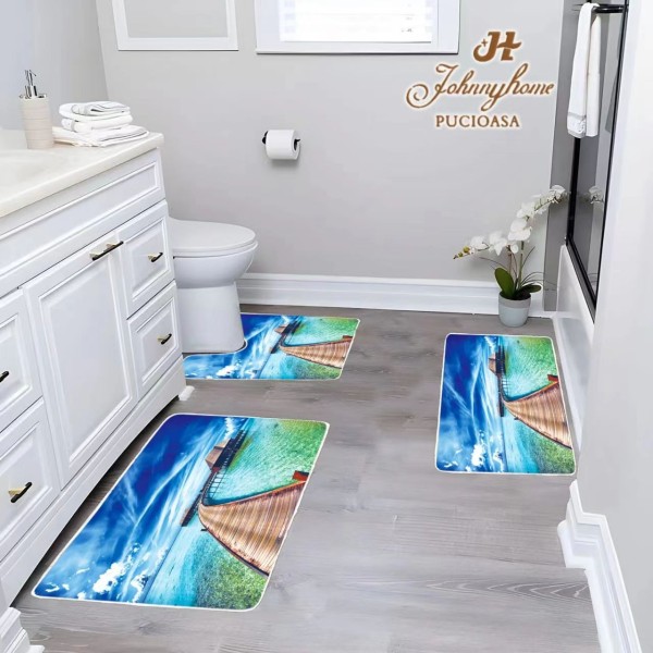 Set 3 Covorase Baie Antiderapante, Albastru-Multicolor, CAM-091