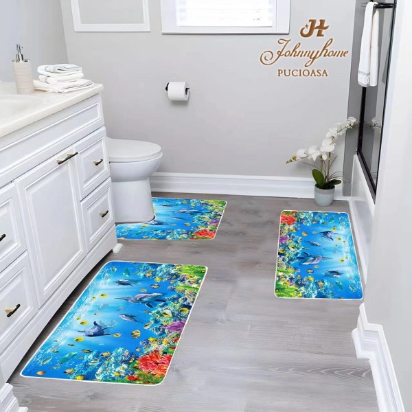 Set 3 Covorase Baie Antiderapante, Albastru-Multicolor, pesti, CAM-096