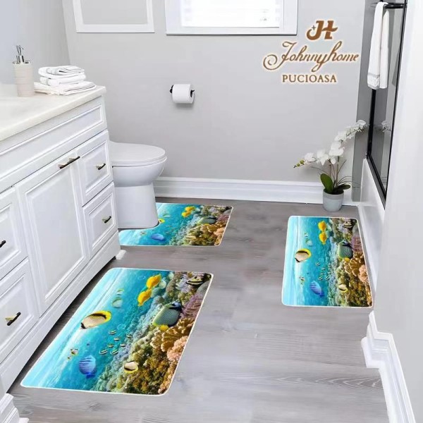 Set 3 Covorase Baie Antiderapante, Albastru-Multicolor, pesti, CAM-098