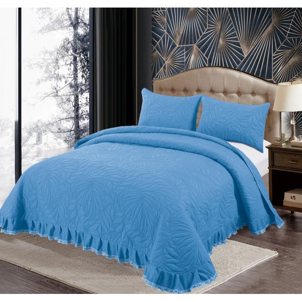 Set Cuvertura de Pat din Bumbac Satinat cu Volanas, 3 Piese, Pat 2 Persoane , Albastru, CSV 002