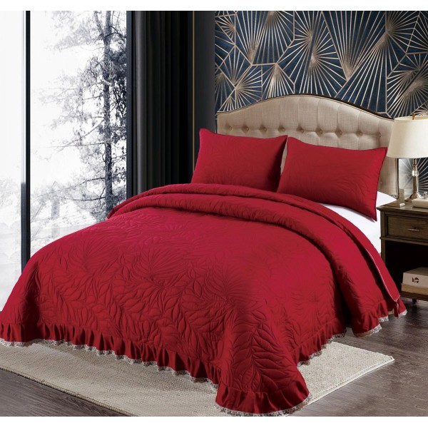 Set Cuvertura de Pat din Bumbac Satinat cu Volanas, 3 Piese, Pat 2 Persoane , Bordo, CSV 005 Set Cuvertura de Pat din Bumbac Satinat cu Volanas, 3 Piese, Pat 2 Persoane , Bordo, CSV 005
