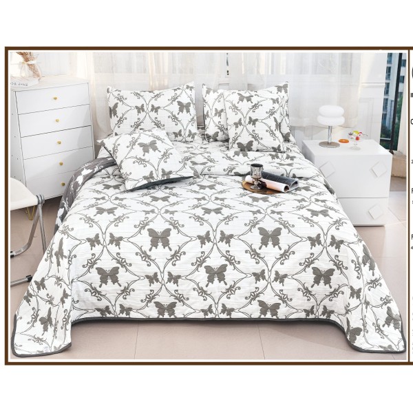 Set Cuvertura de Pat din Bumbac cu In, 5 pierse, 230x250 cm, Alb-Gri, frunze, fluturi, CBI-011