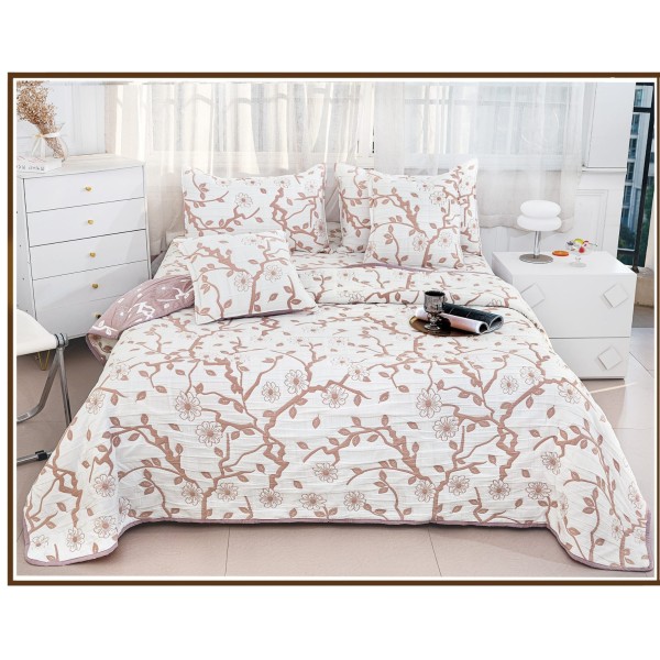 Set Cuvertura de Pat din Bumbac cu In, 5 pierse, 230x250 cm, Alb-Bej, flori, frunze, CBI-012