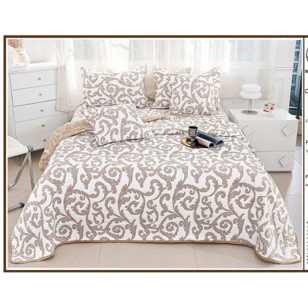 Set Cuvertura de Pat din Bumbac cu In, 5 pierse, 230x250 cm, Alb-Bej, frunze, CBI-015