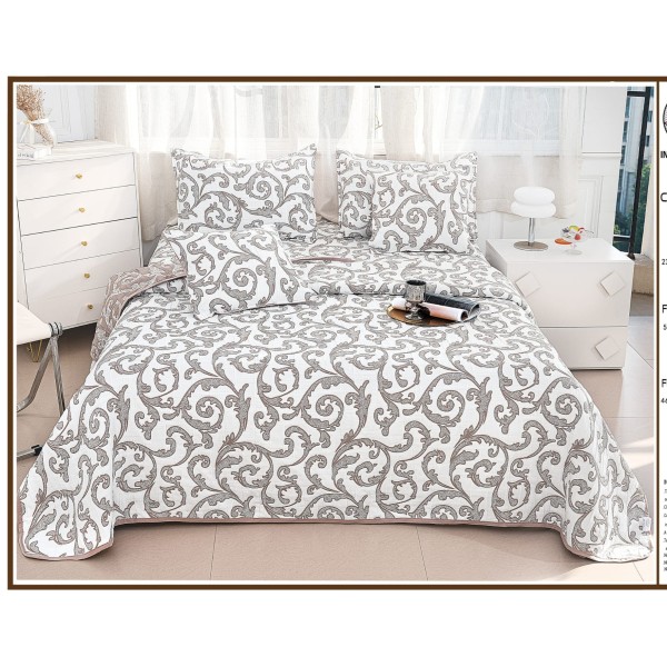 Set Cuvertura de Pat din Bumbac cu In, 5 pierse, 230x250 cm, Alb-Gri, frunze, CBI-017