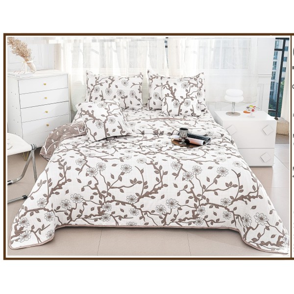 Set Cuvertura de Pat din Bumbac cu In, 5 pierse, 230x250 cm, Alb-Bej, flori, frunze, CBI-021