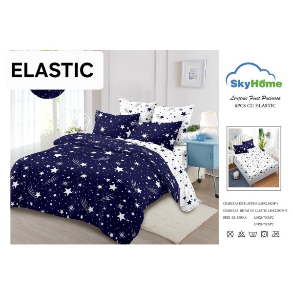 Set Lenjerie Finet 6 Piese cu Cearșaf cu Elastic–Pat Dublu, Albastru-Alb, stele, OLD-144