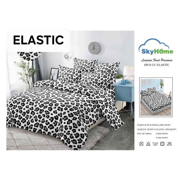 Set Lenjerie Finet 6 Piese cu Cearșaf cu Elastic–Pat Dublu, Gri-Alb, animal print, OLD-145