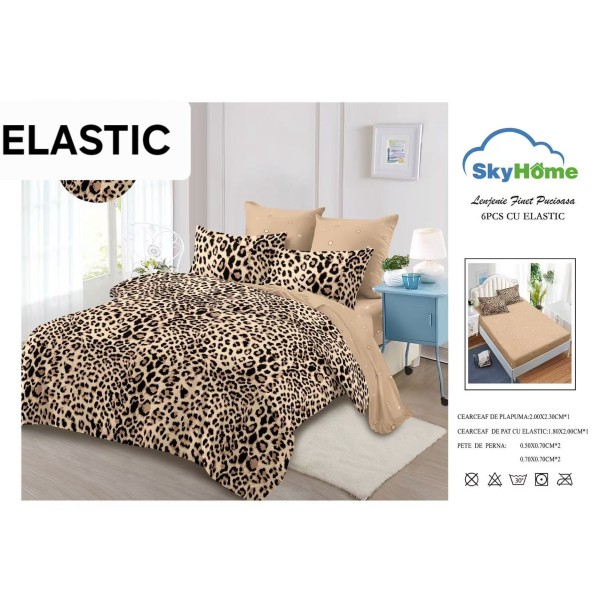 Set Lenjerie Finet 6 Piese cu Cearșaf cu Elastic–Pat Dublu, Bej-Maro, animal print, OLD-146