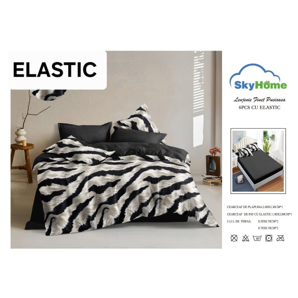 Set Lenjerie Finet 6 Piese cu Cearșaf cu Elastic–Pat Dublu, Negru-Bej, zebra, OLD-147