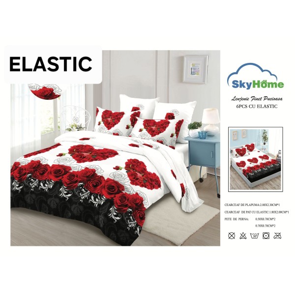 Set Lenjerie Finet 6 Piese cu Cearșaf cu Elastic – Pat Dublu, Alb-Rosu, flori, OLD-148