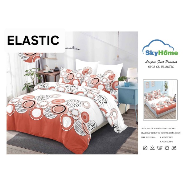 Set Lenjerie Finet 6 Piese cu Cearșaf cu Elastic – Pat Dublu, Alb-Portocaliu, cercuri, OLD-150