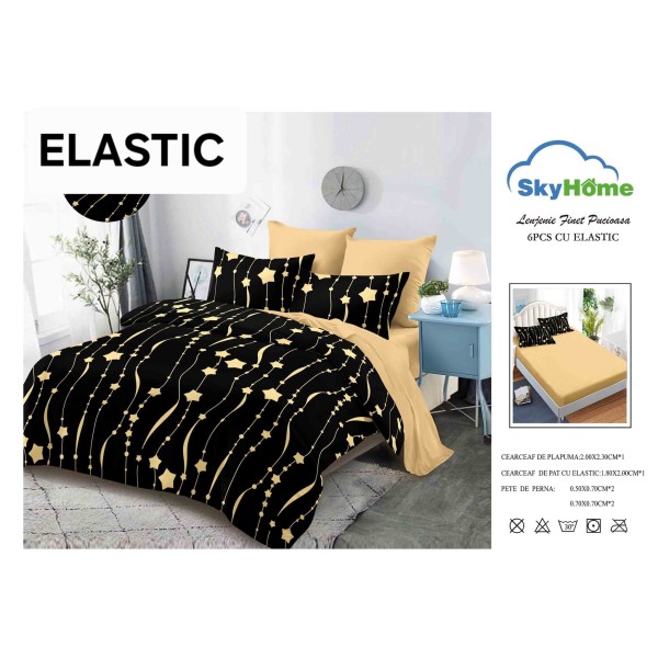 Lenjerie pat dublu, BUMBAC FINET, 6 piese, cu ELASTIC, Negru-Galben, stele, OLD-151