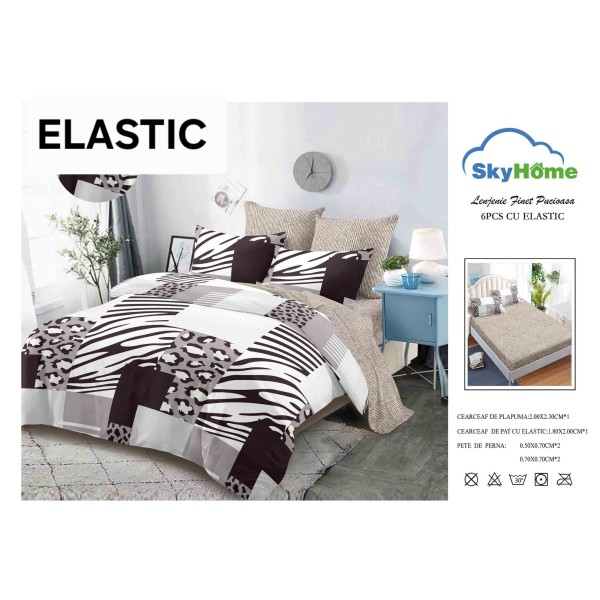 Set Lenjerie Finet 6 Piese cu Cearșaf cu Elastic–Pat Dublu, Gri-Alb, linii, OLD-152