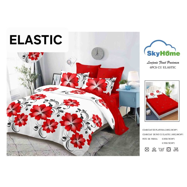 Set Lenjerie Finet 6 Piese cu Cearșaf cu Elastic – Pat Dublu, Alb-Rosu, flori, OLD-153