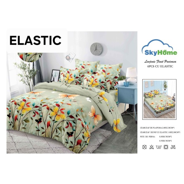 Lenjerie pat dublu, BUMBAC FINET, 6 piese, cu ELASTIC, Verde-Multicolor, flori, OLD-154