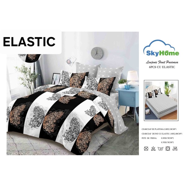 Set Lenjerie 6 Piese Finet cu Elastic pentru Pat Dublu, Alb-Negru, fluturi, OLD-155