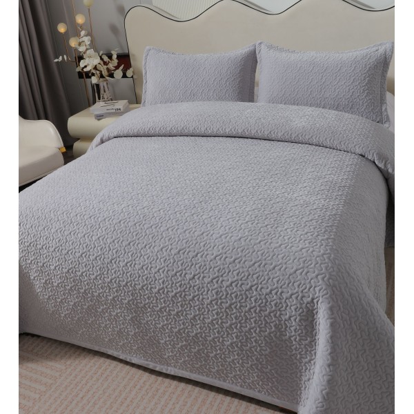 Cuvertura de Pat din Catifea, Uni, 230x250cm, 3 Piese-Gri deschis, CSV 021