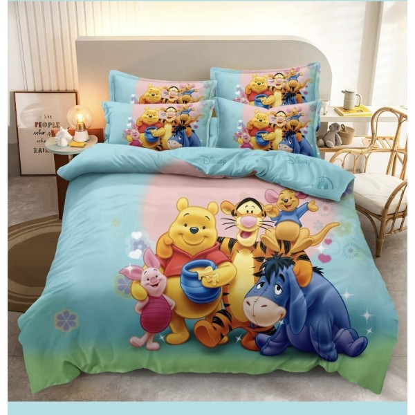 Lenjerie pat dublu, 6 piese, bumbac-finet, Vernil-Multicolor, Winnie The Pooh si Prietenii, LCC-030