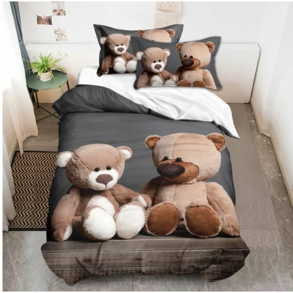 Lenjerie de Pat din Finet, 4 Piese, Pat 1 Persoana, Gri-Multicolor, ursuleti, LFS-024