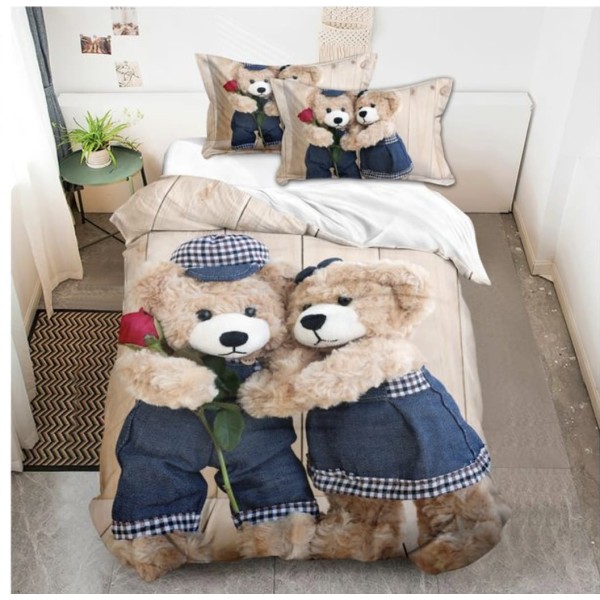 Lenjerie de Pat din Finet, 4 Piese, Pat 1 Persoana, Crem-Multicolor, ursuleti, LFS-078