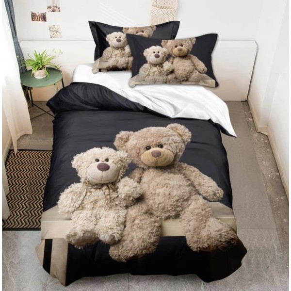 Lenjerie de Pat din Finet, 4 Piese, Pat 1 Persoana, Alb-Multicolor, ursuleti, LFS-106