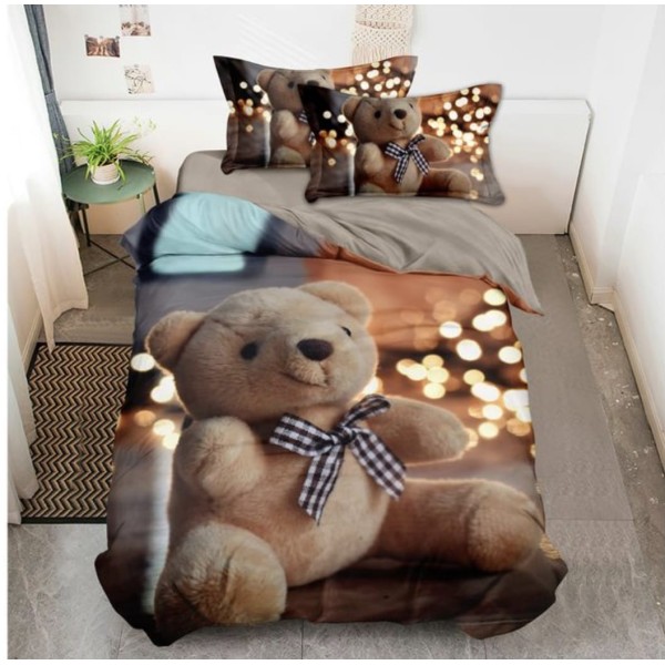 Lenjerie de Pat din Finet, 4 Piese, Pat 1 Persoana, Bej-Multicolor, ursuleti, LFS-098