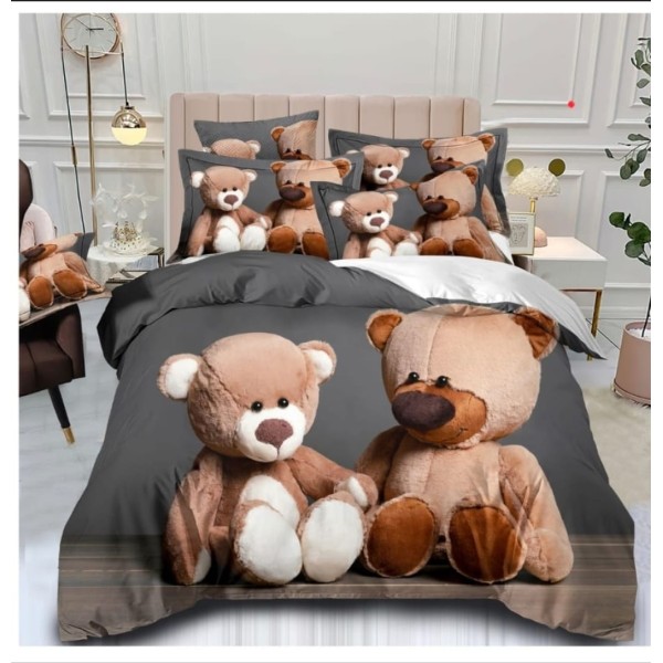 Lenjerie de Pat din Finet, 4 Piese, Pat 1 Persoana, Gri-Multicolor, ursuleti, LFS-113