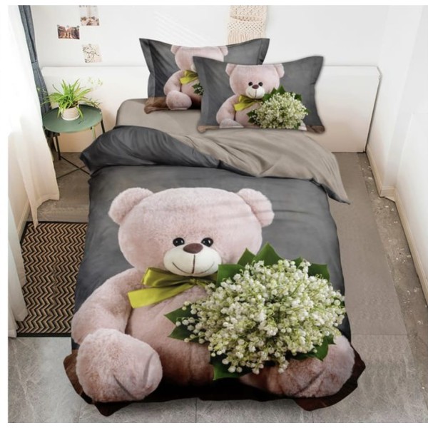 Lenjerie de Pat din Finet, 4 Piese, Pat 1 Persoana, Bej-Multicolor, ursuleti, LFS-074