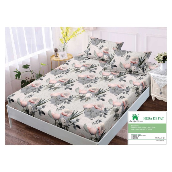 Husa pat cu elastic, Bumbac FINET, 180x200cm, 2 fete de perne 50x70cm, Gri-Crem, flori, HDF-046