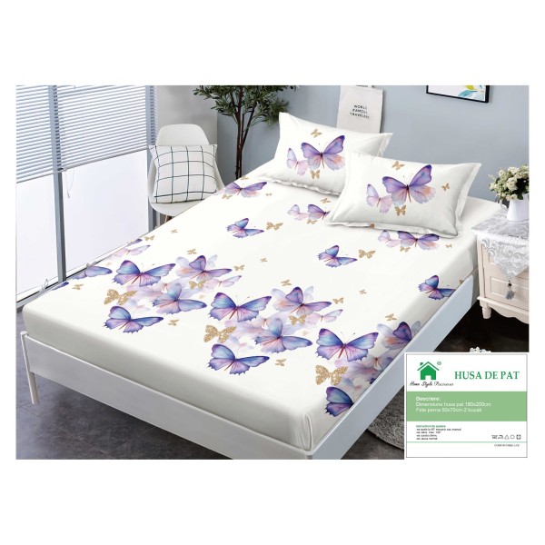 Husa pat cu elastic, Bumbac FINET, 180x200cm, 2 fete de perne 50x70cm, Alb-Albastru, fluturi, HDF-038 Husa pat cu elastic, Bumbac FINET, 180x200cm, 2 fete de perne 50x70cm, Alb-Albastru, fluturi, HDF-038