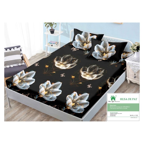 Husa pat cu elastic, Bumbac FINET, 180x200cm, 2 fete de perne 50x70cm, Negru-Gri, flori, HDF-036