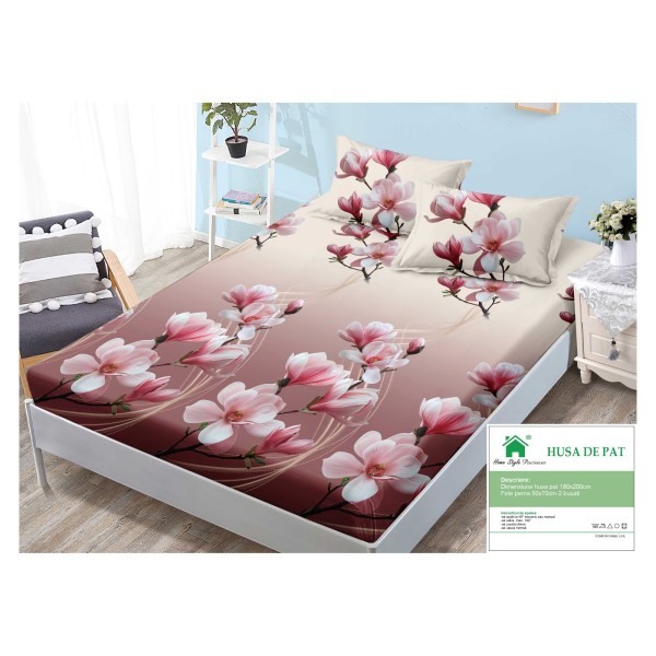 Husa pat cu elastic, Bumbac FINET, 180x200cm, 2 fete de perne 50x70cm, Alb-Bordo, flori, HDF-035 Husa pat cu elastic, Bumbac FINET, 180x200cm, 2 fete de perne 50x70cm, Alb-Bordo, flori, HDF-035