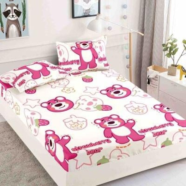 Husa pat cu elastic, Bumbac FINET, 180x200cm, 2 fete de perne 50x70cm, Alb-Roz, ursulet, HDF-022
