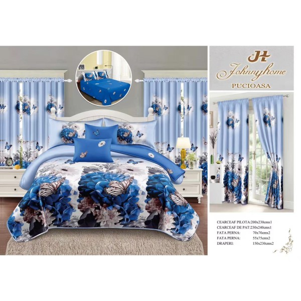 Lenjerie pat dublu, BUMBAC FINET, 6 piese, plus 2 DRAPERII, Alb-Albastru, flori, fluturi, LFG-018