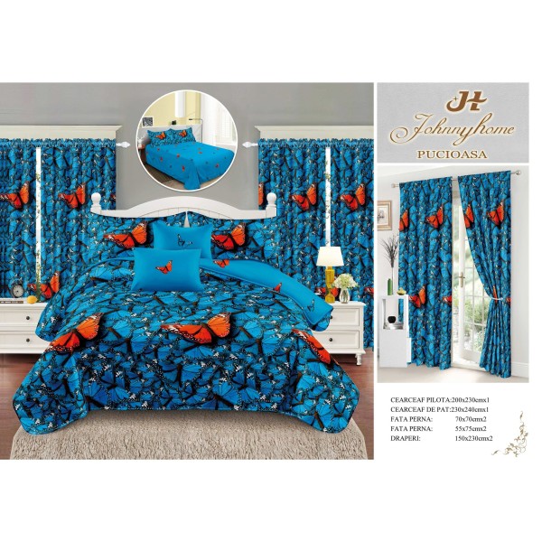 Lenjerie pat dublu, BUMBAC FINET, 6 piese, plus 2 DRAPERII, Albastru-Portocaliu, fluturi, LFG-019