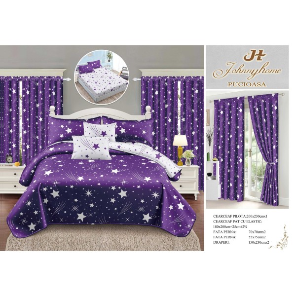 Lenjerie pat dublu, BUMBAC FINET, 6 piese, cu cearsaf cu ELASTIC, plus 2 DRAPERII, Mov-Alb, stele, LFG-022