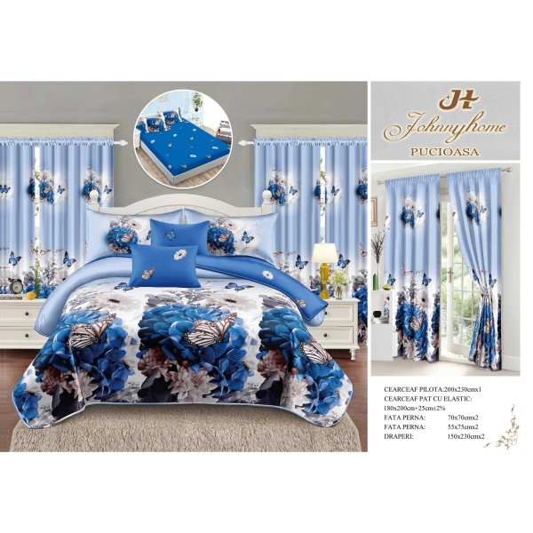 Set Lenjerie de pat din Finet Gros, cu ELASTIC, 6 Piese, Pat 2 Persoane, plus 2 Draperii, Alb-Albastru, flori, LFG-023