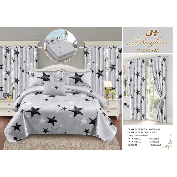 Lenjerie pat dublu, BUMBAC FINET, 6 piese, cu cearsaf cu ELASTIC, plus 2, DRAPERII, Alb-Negru, stele, LFG-025