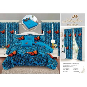 Lenjerie pat dublu, BUMBAC FINET, 6 piese, cu cearsaf cu ELASTIC, plus 2, DRAPERII, Albastru-Portocaliu, fluturi, LFG-026