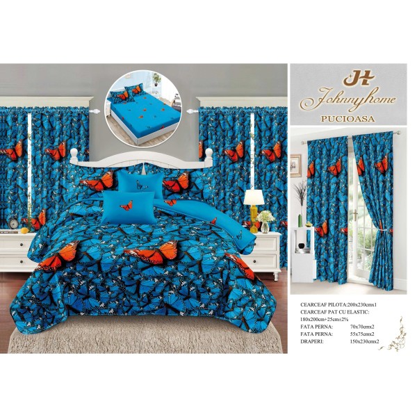 Lenjerie pat dublu, BUMBAC FINET, 6 piese, cu cearsaf cu ELASTIC, plus 2, DRAPERII, Albastru-Portocaliu, fluturi, LFG-026