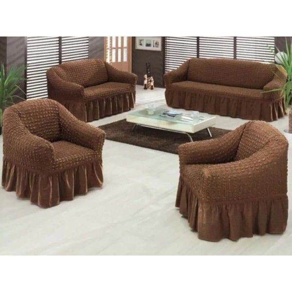 Set 4 Huse Creponate cu Volane, Pentru Canapea 3 Locuri, Canapea 2 Locuri si 2 Fotolii, Maro deschis, HCC-017