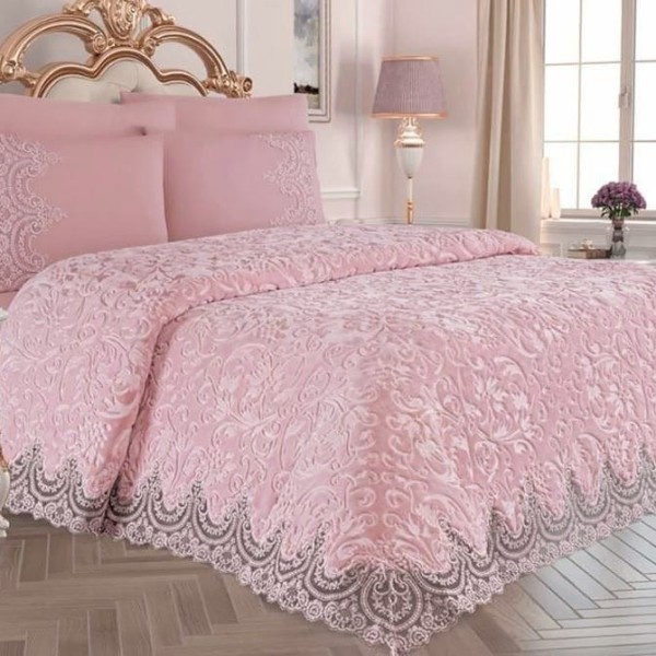 Set Cuvertură de lux Matlasată cu dantelă Elegantă, 6 piese, pat 2 persoane, Roz-pudra, CME-005