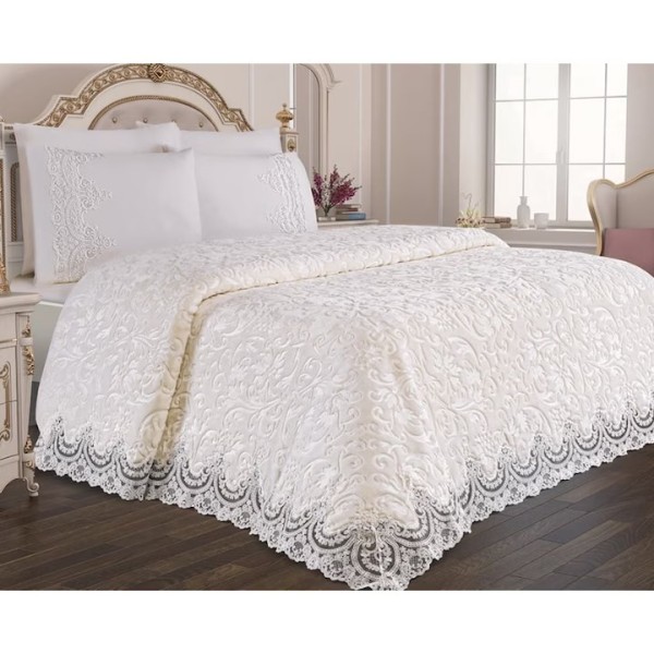 Set Cuvertură de lux Matlasată cu dantelă Elegantă, 6 piese, pat 2 persoane, Alb, CME-002 Set Cuvertură de lux Matlasată cu dantelă Elegantă, 6 piese, pat 2 persoane, Alb, CME-002