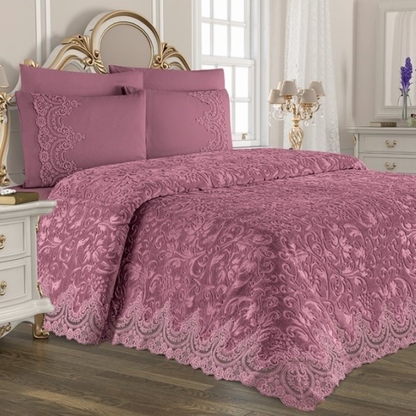 Set Cuvertură de lux Matlasată cu dantelă Elegantă, 6 piese, pat 2 persoane, Roz inchis, CME-007 Set Cuvertură de lux Matlasată cu dantelă Elegantă, 6 piese, pat 2 persoane, Roz inchis, CME-007