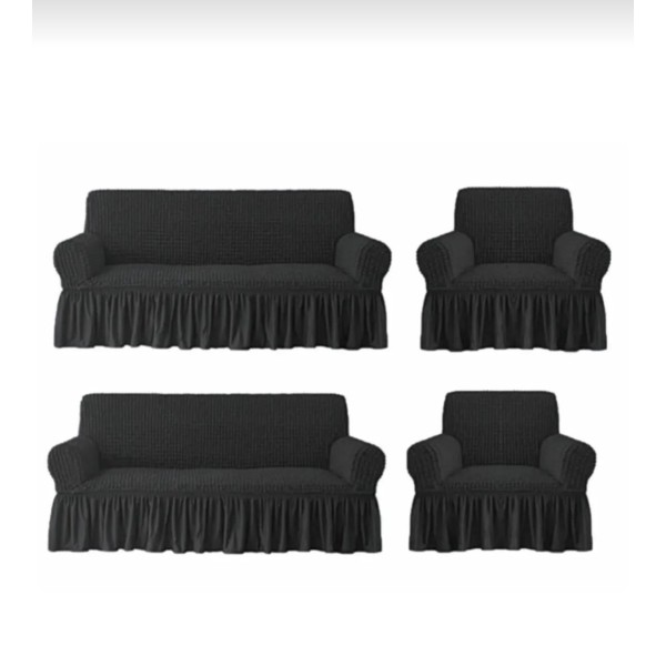 Set 4 Huse Creponate cu Volane, Pentru Canapea 3 Locuri, Canapea 2 Locuri si 2 Fotolii, Negru, HCC-073