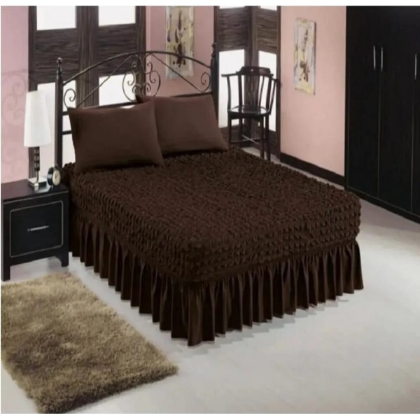 Set Husa de pat + 2 fete perna elastice si creponate, cu volanas, Maro inchis, HPC-001